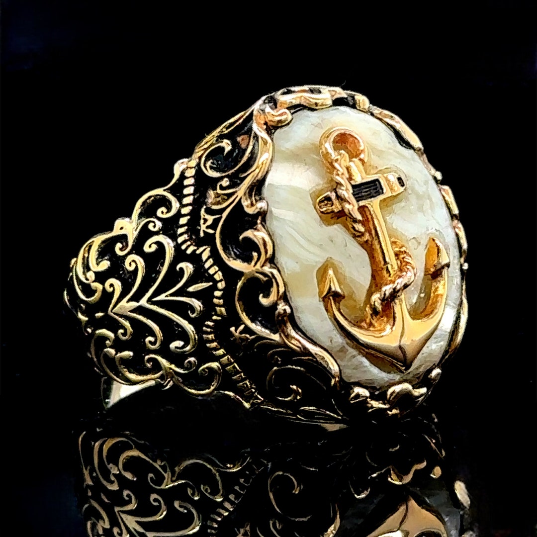 Silver Anchor Captain Ring ,mother of Pearl Stone Ring , Gold Silver ...