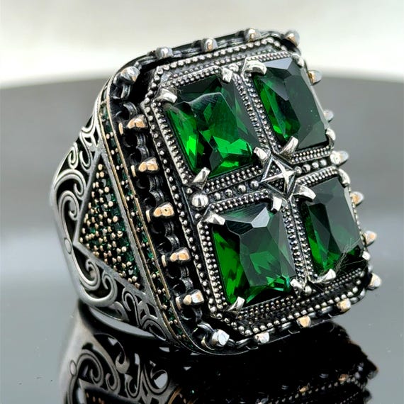 Piedra Verde Anillos Antiguos De Plata Para Hombre Anillo Turco - Main Image