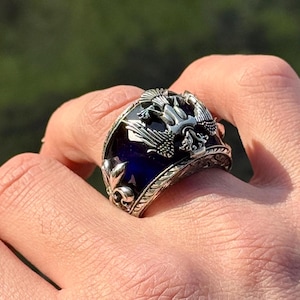 Men Silver Eagle Handmade Signet Ring, Sapphire Gemstone Ring, Large Engraved Men Ring, Handmade Eagle Signet Ring, Father Day Gift