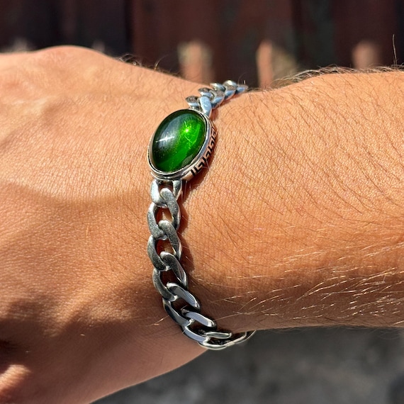 925 Silver Emerald Stone Chain Bracelet, Cuban Chain Bracelet