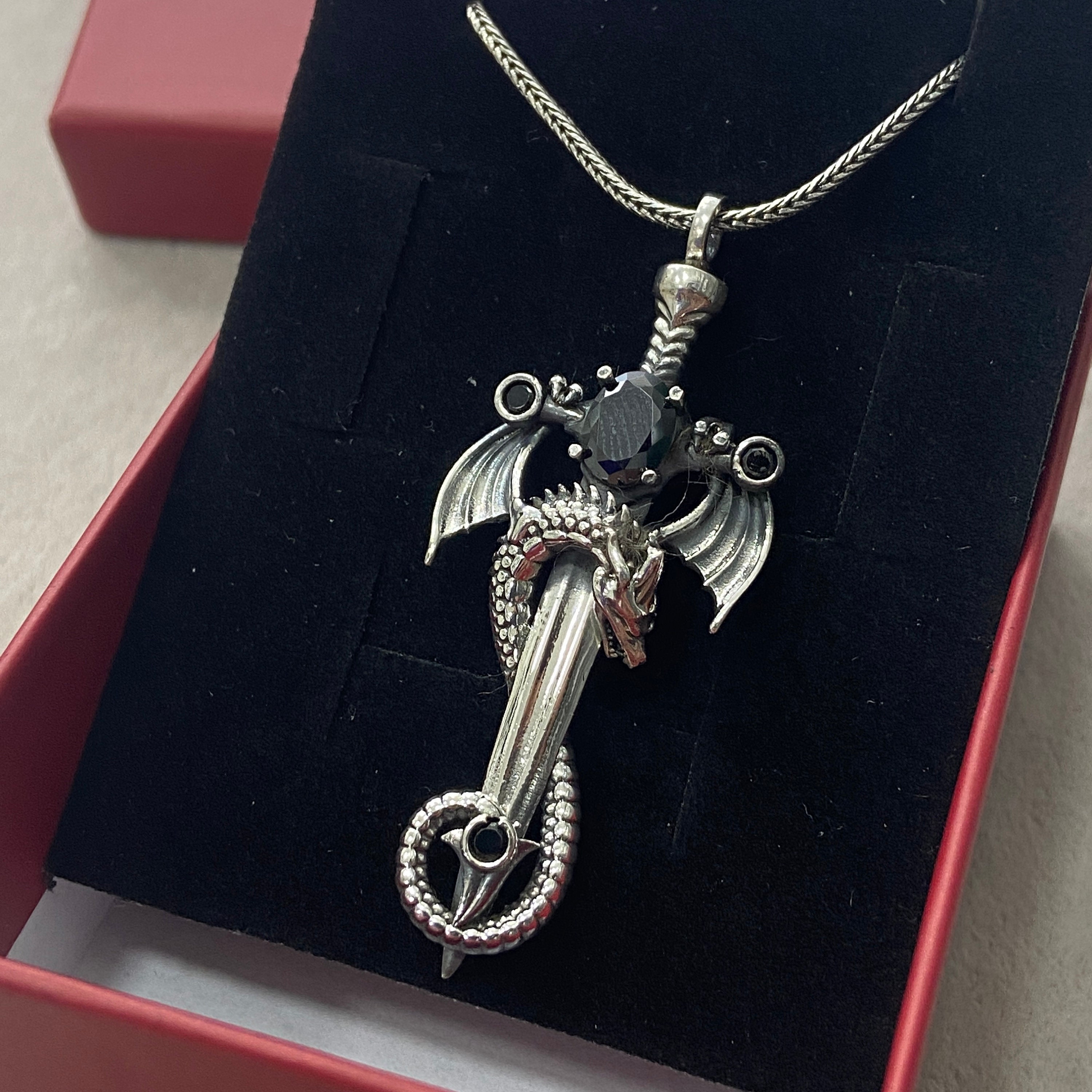 Silver Dragon Necklace Silver Sword Pendant Oxidized Etsy