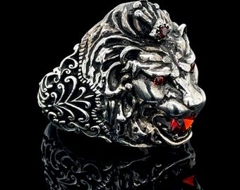 Silberner Leon-Kopfring, Rubinroter Stein-Leon-Ring, Handgemachter Wilder Löwenring, Großer Leon-Tierring, Vatertagsgeschenk, 925k Sterlingsilberring