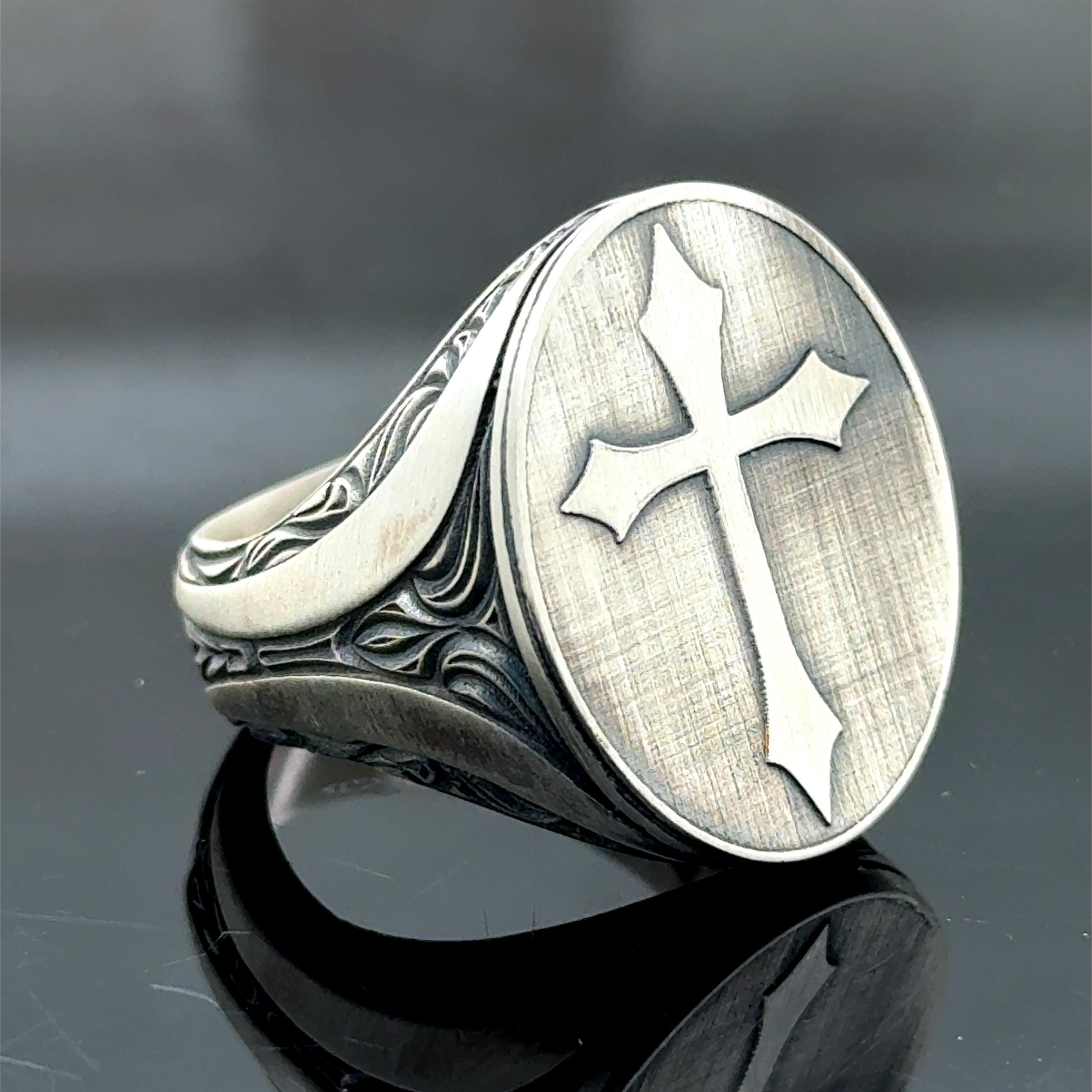 Silver Cross Signet Ring, Silver Handmade Christian Rings, Cross