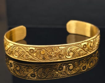 18K Gold Engraved Handmade Cuff Bracelet, Engraved Vintage Cuff Bangle, Adjustable Cuff Bracelet, Embroidered Bracelet, Unisex Bracelet