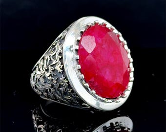 Anello in argento fatto a mano con pietra rubino naturale, anello in argento unico fatto a mano inciso, anello in stile ottomano inciso a mano, anello in argento sterling 925k