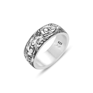 Silver Handmade Engraved Wedding Ring, Unique Floral Wedding Band, Men Engraved Band , Unisex Wedding Band Promise Ring,925k Sterling Silver