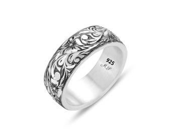 Silver Handmade Engraved Wedding Ring, Unique Floral Wedding Band, Men Engraved Band , Unisex Wedding Band Promise Ring,925k Sterling Silver