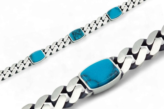 Silver Turquoise Curb Chain Bracelet, 10mm Curb Chain Bracelet
