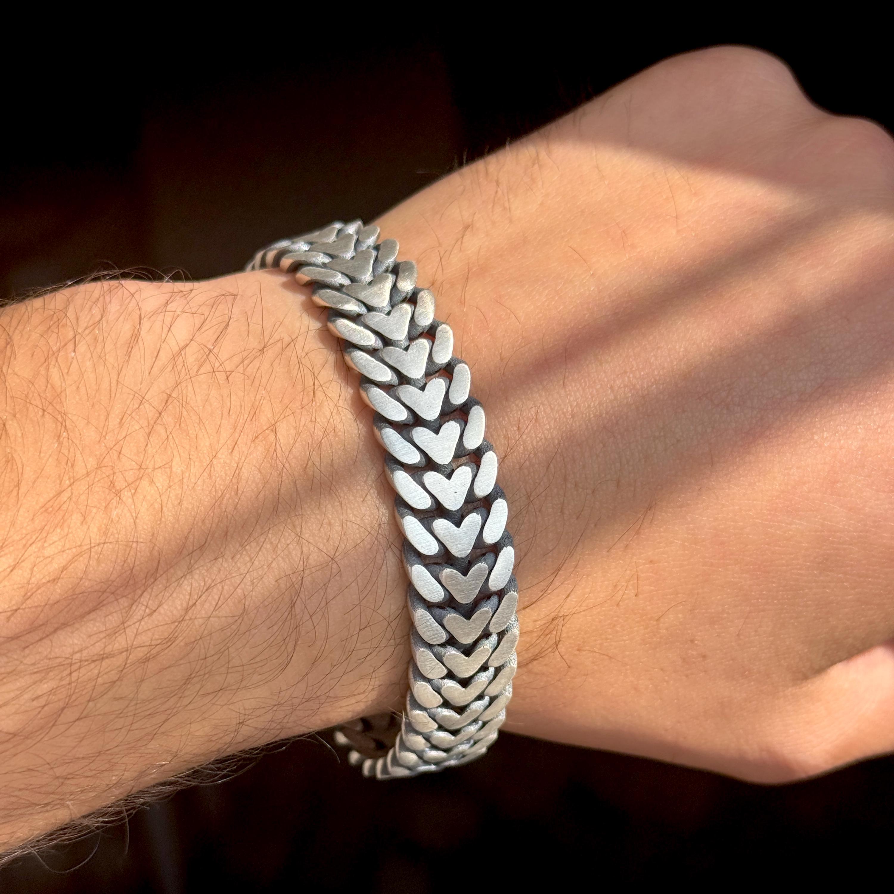 Solid Silver Heart Link Chain Bracelet, 15MM Thick Men Chain