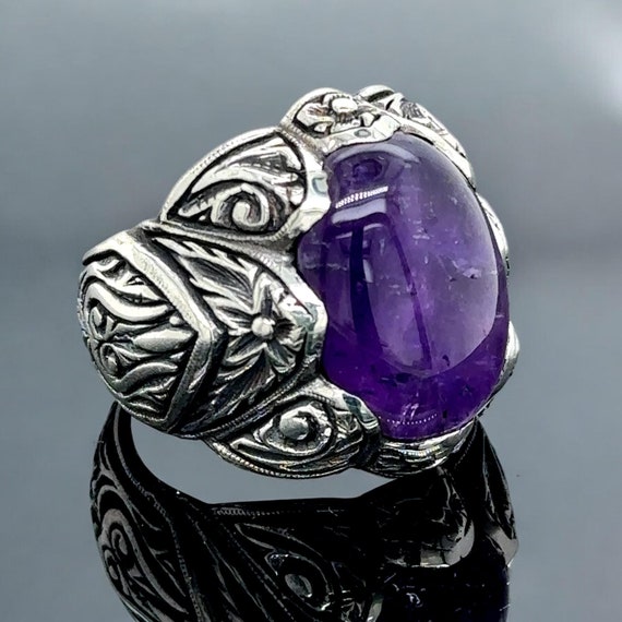 Anillo de amatista natural para hombre anillo de amatista grabado en plata para hombre anillo de plata hecho a mano turco otomano para hombre anillo de plata esterlina de 925 k