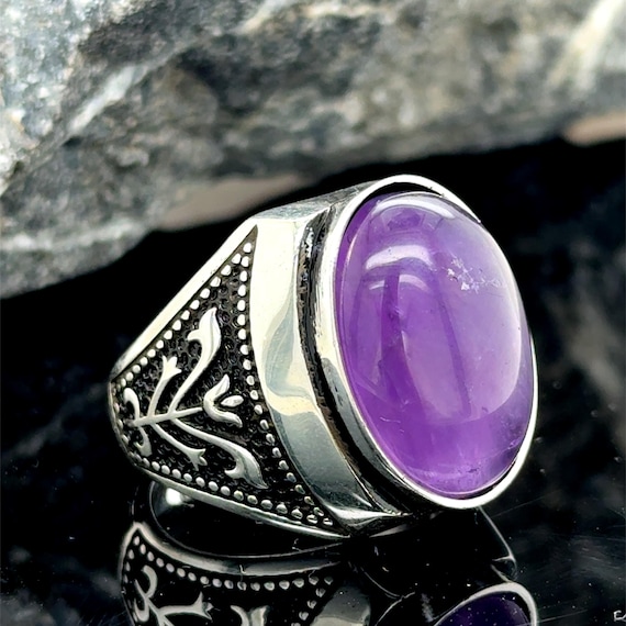 Men Silver Amethyst Men's Ring, Handmade Men Ring, Natural