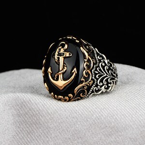 thumbnail image 2 of Harlembling Men's 925 Sterling Silver Black Onyx Anchor Sailor Maritime Ring - Hip Hop Style (Sizes 6-13) 2 of 6