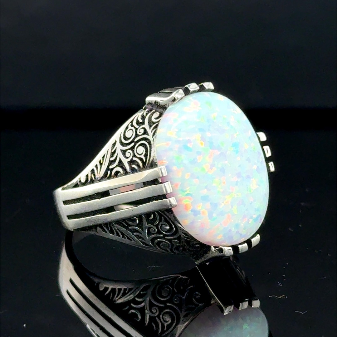 Silver Natural Opal Ring, Men White Opal Signet Ring, Fire Opal