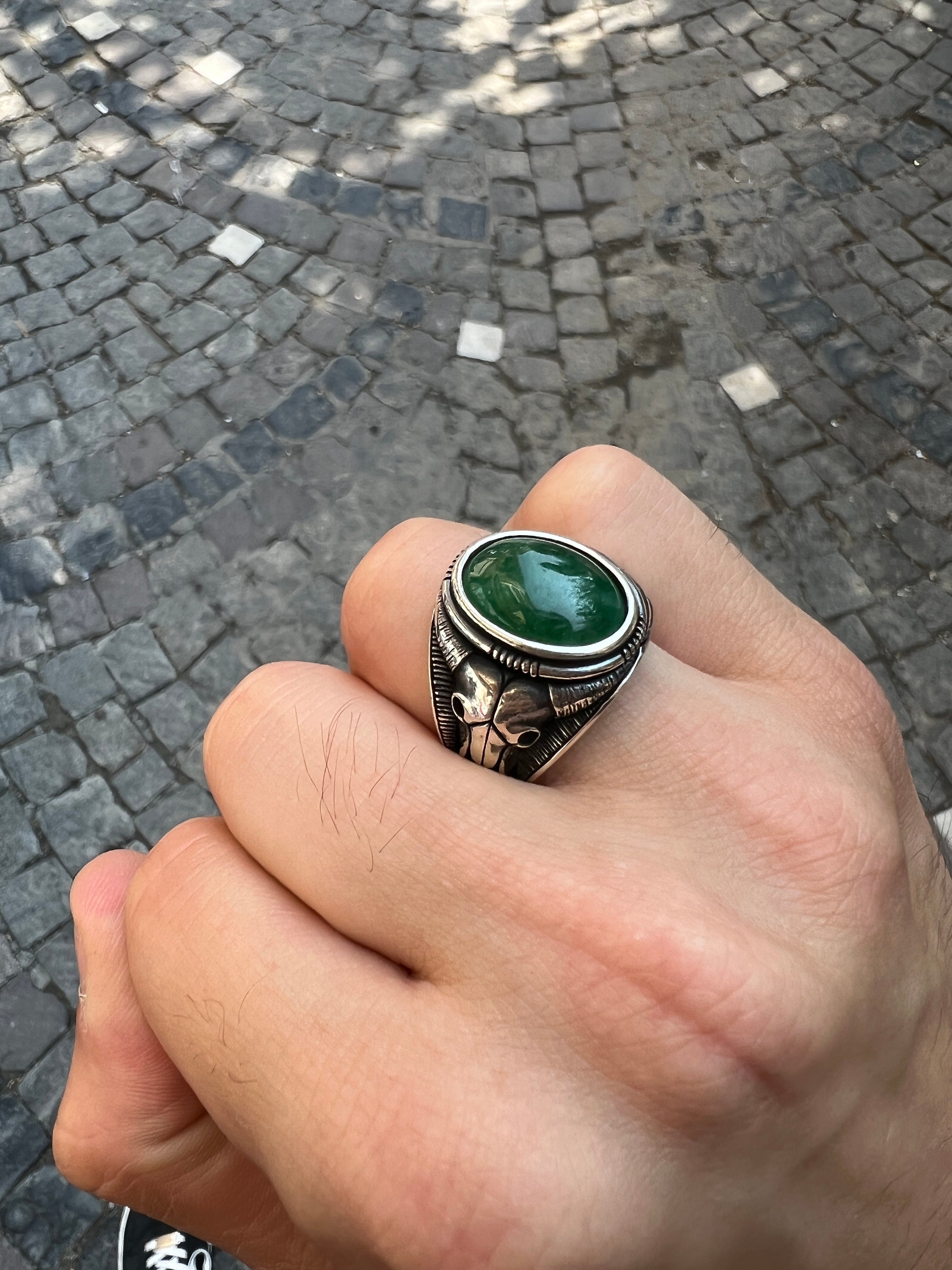 Man Green Jade Stone Ring , Silver Bull Head Ring , Handmade Man Green Jade Stone Ring , Silver Bull Head Ring , Handmade