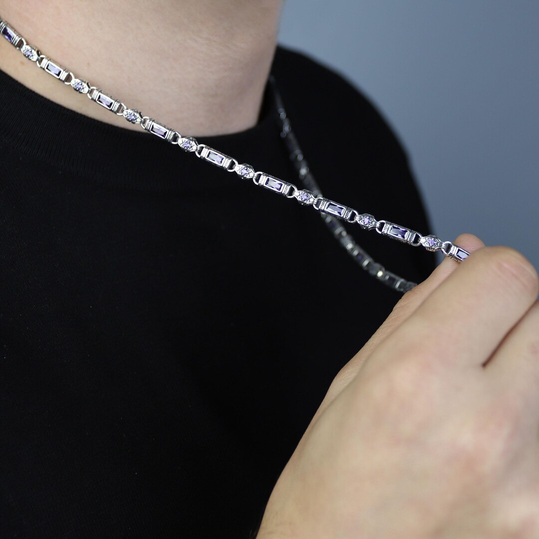 Silver Amethyst Gemstone Engraved Chain, Hand-engraved Chain, Exclusive ...