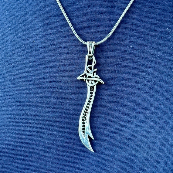 Silver Sword Zulfiqar Necklace, 925 Hz Ali Sword Pendant, Black