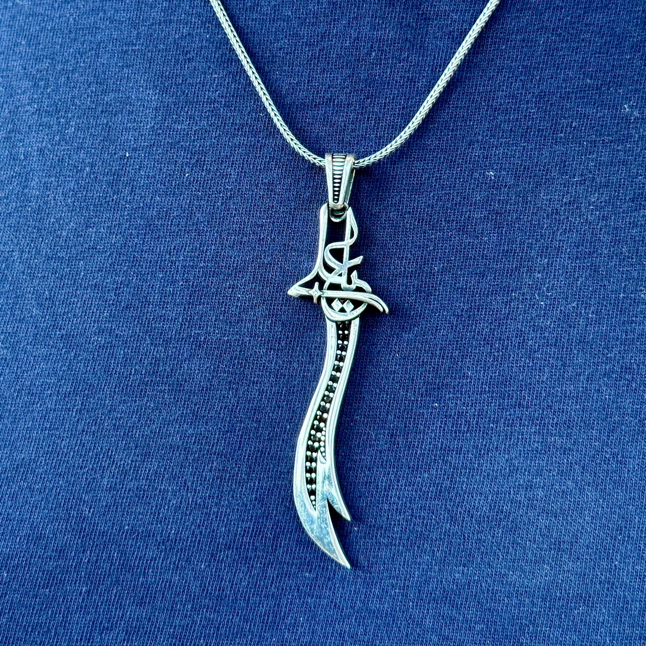 Silver Sword Zulfiqar Necklace, 925 Hz Ali Sword Pendant, Black