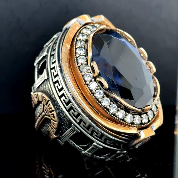 Men Large Sapphire Stone Ring, Deep Dark Sapphire Ring, Turkish
