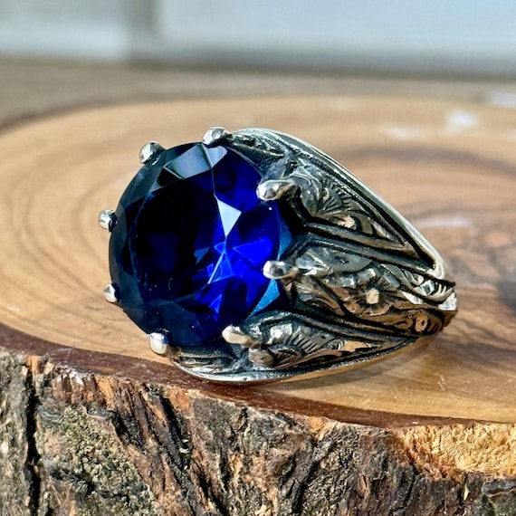 Zafiro Anillo Con Piedra Azul Hombre Anillo De Plata Con Piedra