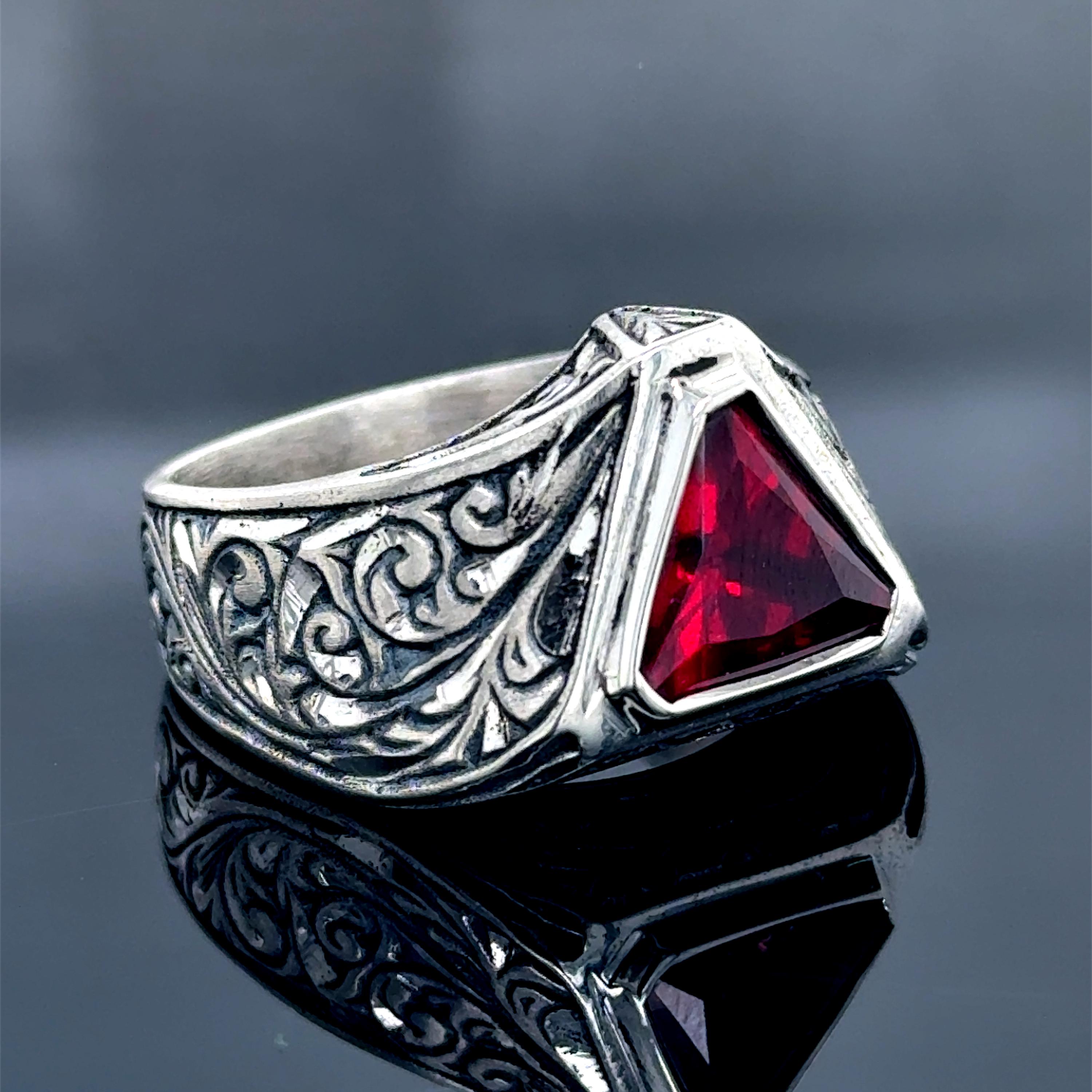 Men Silver Engraved Triangle Red Stone Ring, Handmade Red Ruby
