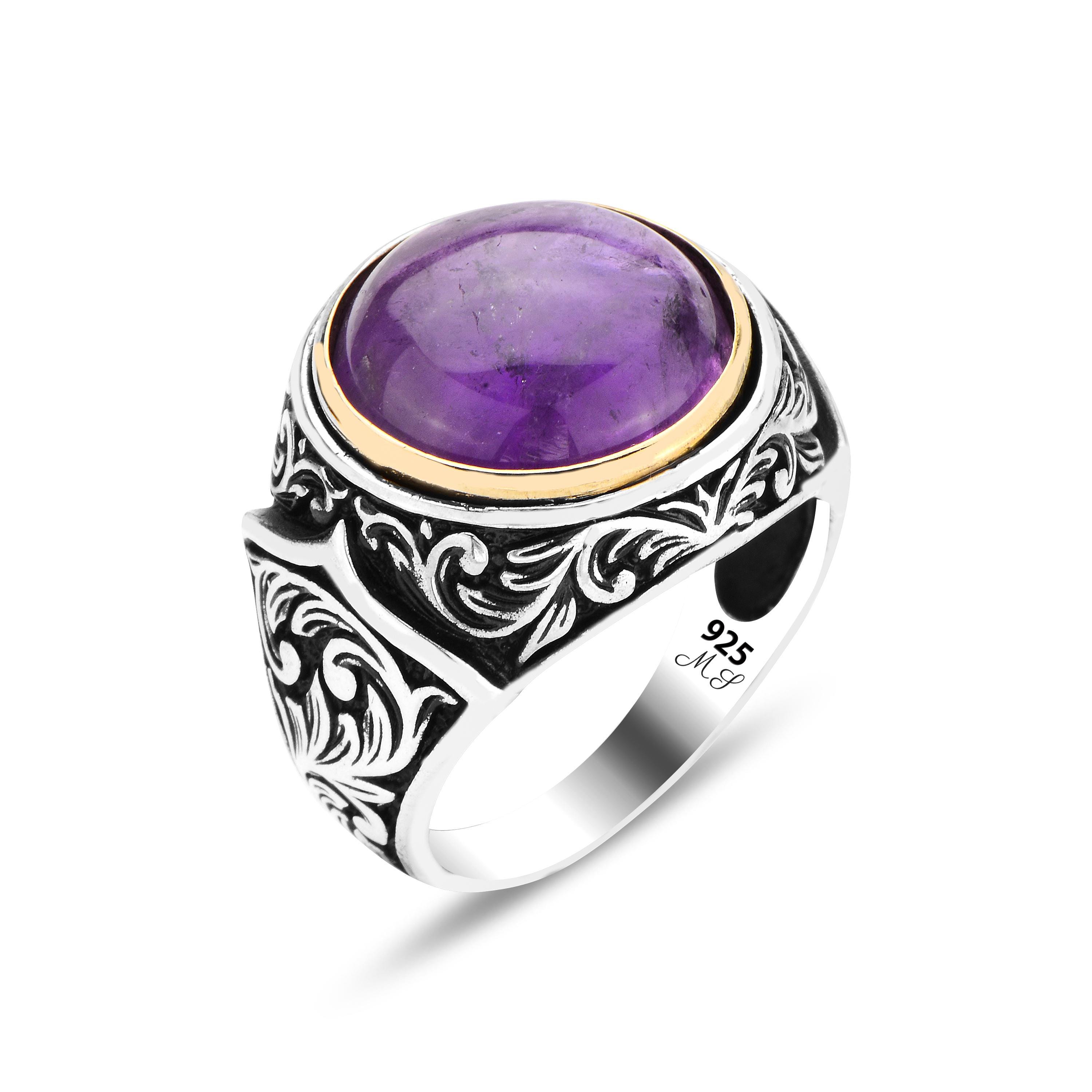 Bague Homme Améthyste Naturelle - Argent 925 Finition Or - Taille Ajustable - Fait Main