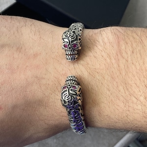 Men Sterling Silver Skull Bracelet, Ruby Eyes Skull Head Bracelet, Adjustable Bracelet, Handmade Cuff Bracelet, 925k Silver Bracelet