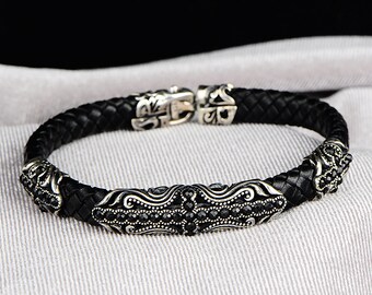 メンズシルバーブレスレット、ブラックレザーブレスレット