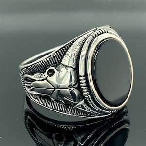 Silver Bull Head Signet Men&#39;s Ring , Onyx Stone Man Ring , Oval Onyx Stone Ring , Taurus Silver Men Ring , 925k Sterling Silver Ring