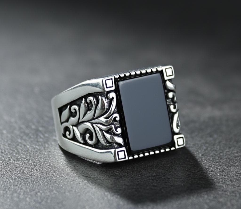 Men Black Onyx Signet Ring, 925 Silver Square Engraved Onyx Ring
