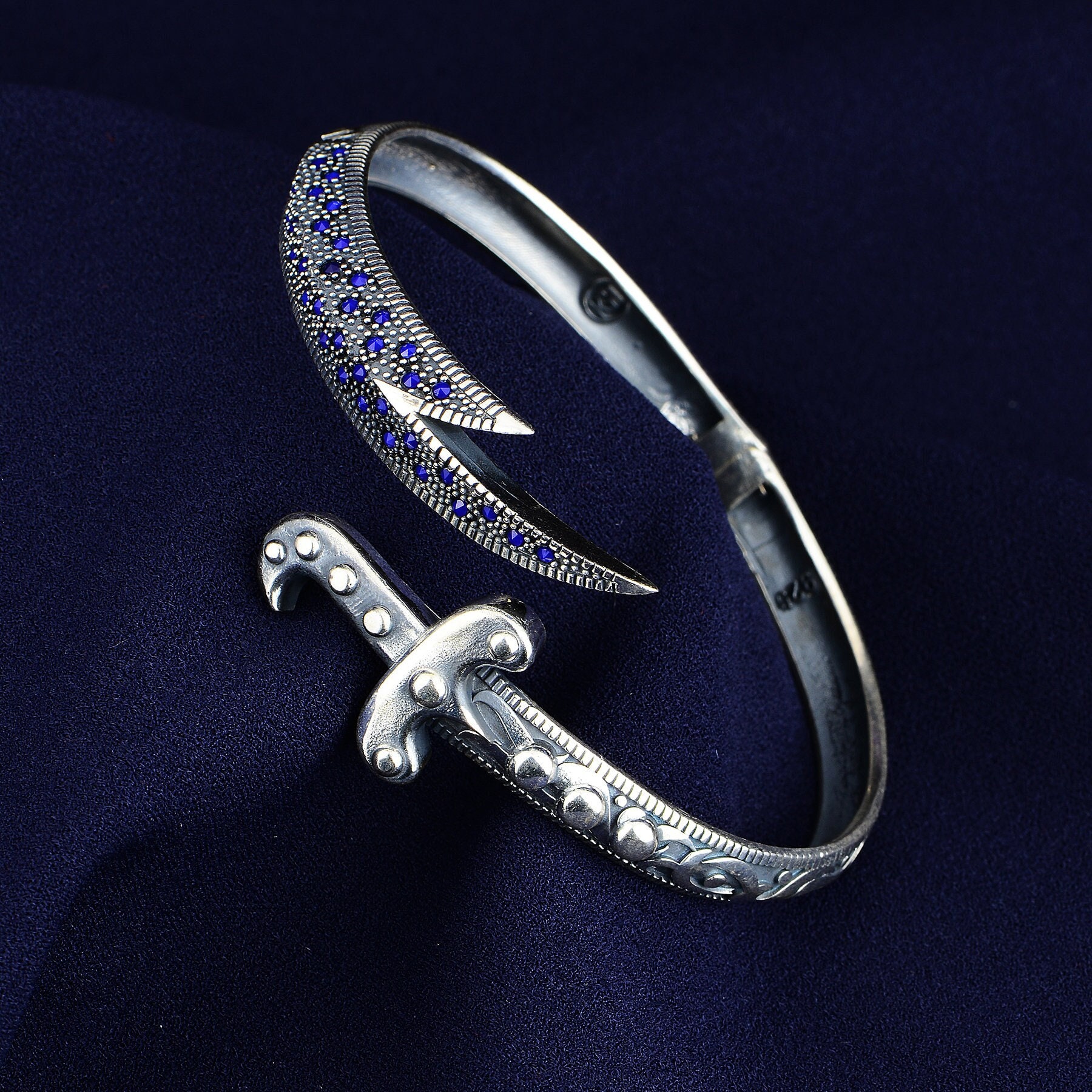 Silver Handmade Sword Bracelet , Sapphire Stone Zulfiqar Bracelet
