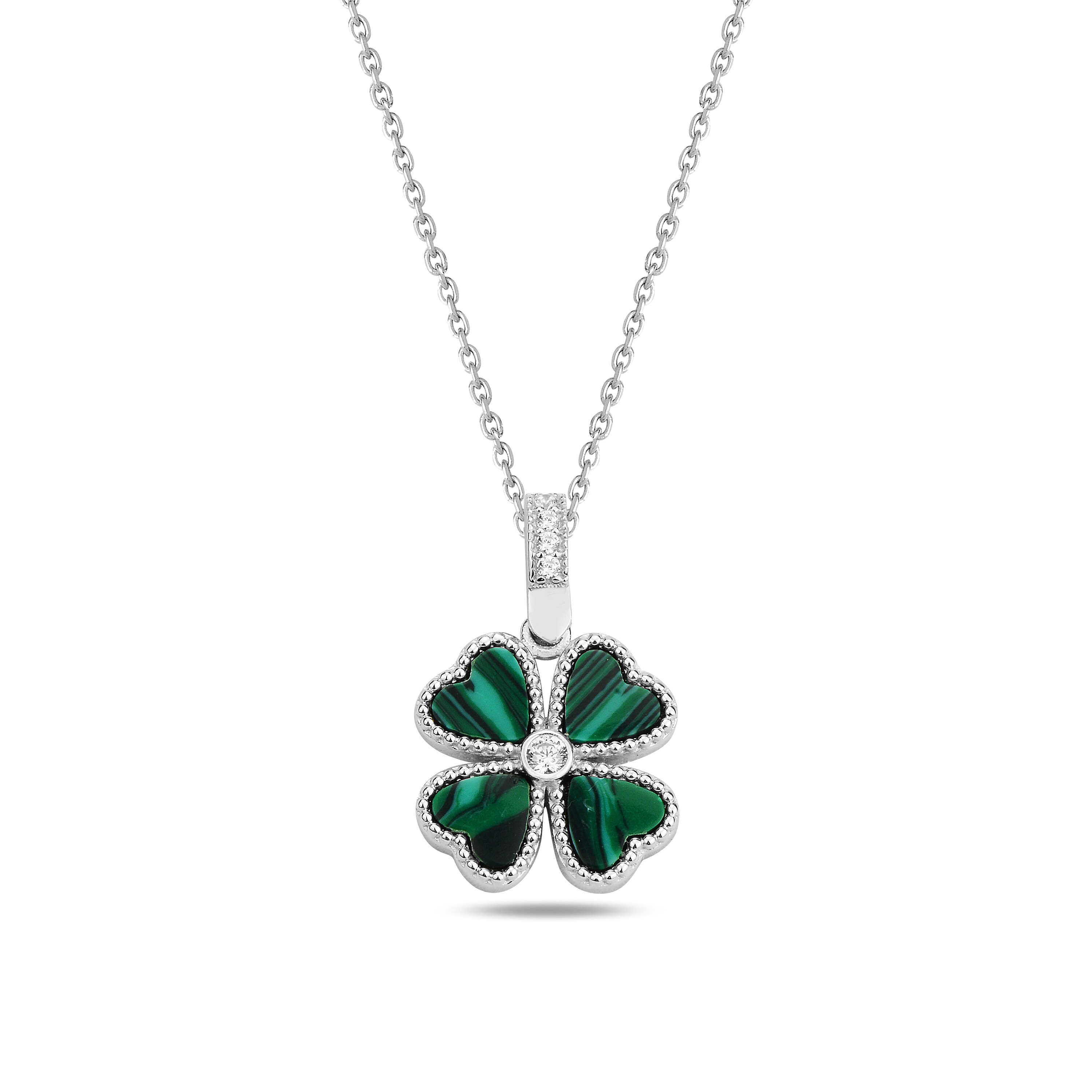 Silver Malachite Stone Clover Necklace Set, Clover Stud