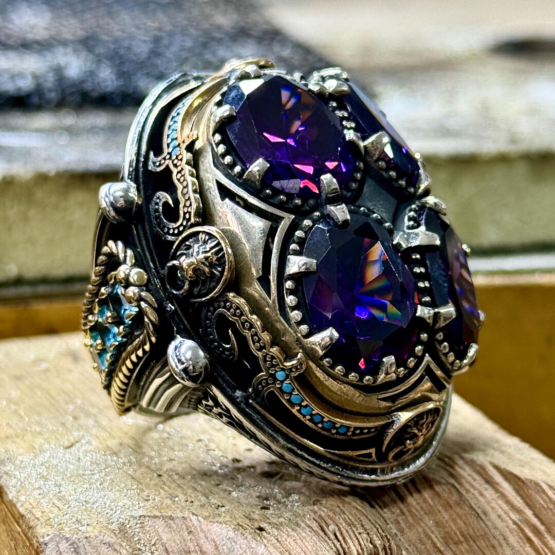 Men Silver Large Amethyst Ring, Large Leon Head Figured Ring, Turkish ...