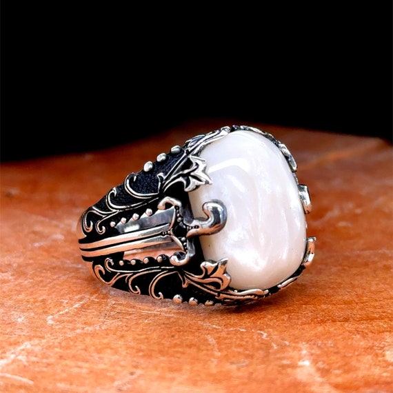 Mother of Pearl Signet Ring, Men Silver Sword Ring, Natural Mother