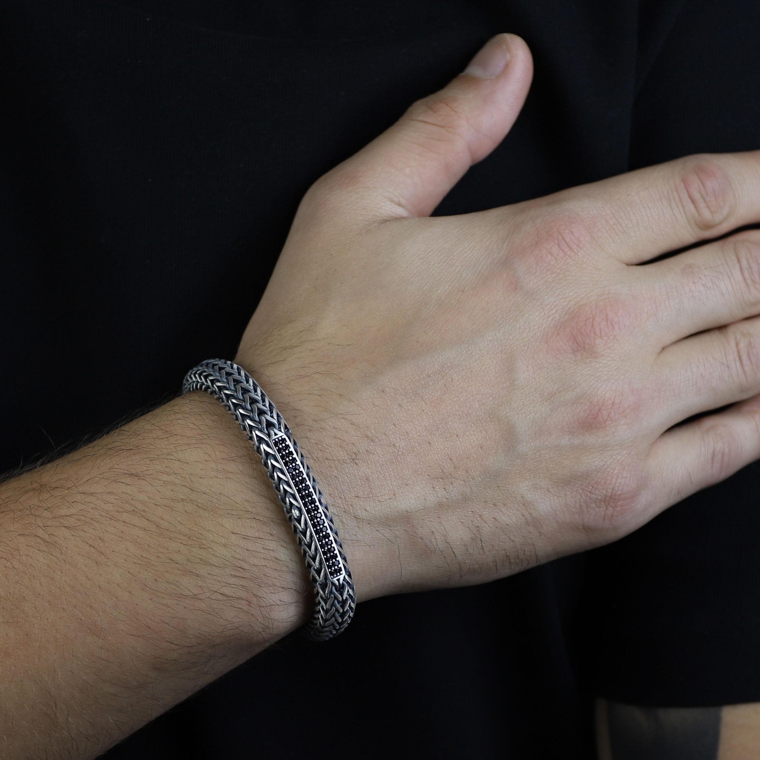 925 Sterling Silver Foxtail Onyx Chain Bracelet, 10MM Chain