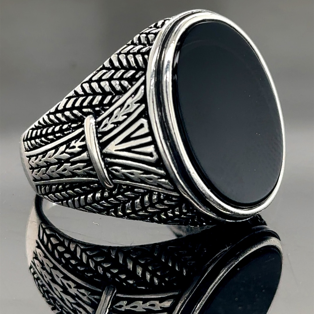 Silver Oval Black Onyx Ring , Onyx Signet Ring , Engraved