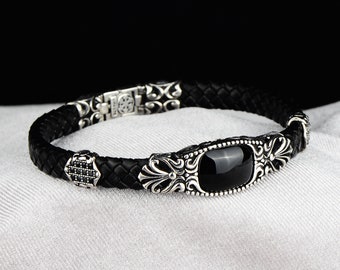 Handmade Leather Bracelet , Black Onyx Stone Bracelet , Silver Handmade Leather Bracelet , Unique Anniversary Vintage Leather Bracelet