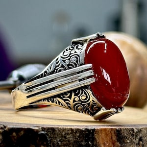 Men Red Agate Ring , Oval Aqeeq Gemstone Ring , Father Day Gift, Men Ottoman Style Handmade Ring , 925k Sterling Silver Ring, Gift For Him