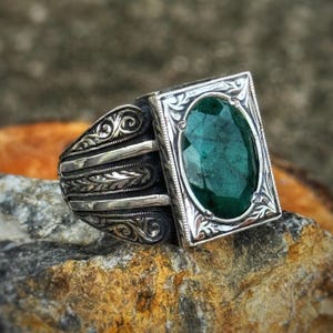 Men Silver Emerald Vintage Ring, Turkish Handmade Engraved Ring, Green Stone Men Ring, 925 Sterling Silver Ring, Father Day Gift