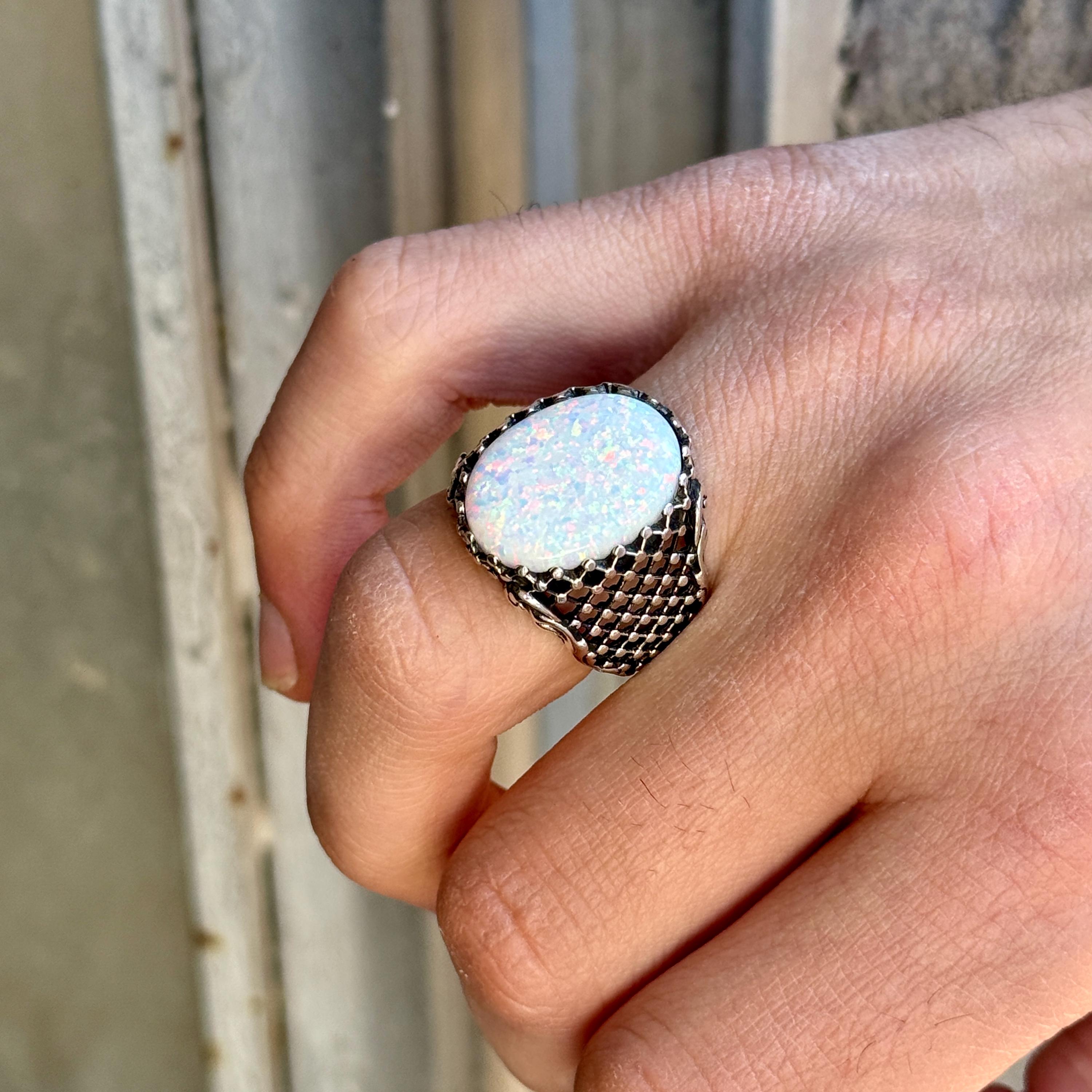Mens Silver White Opal Ring, Natural Opal Ring, Turkish Handmade
