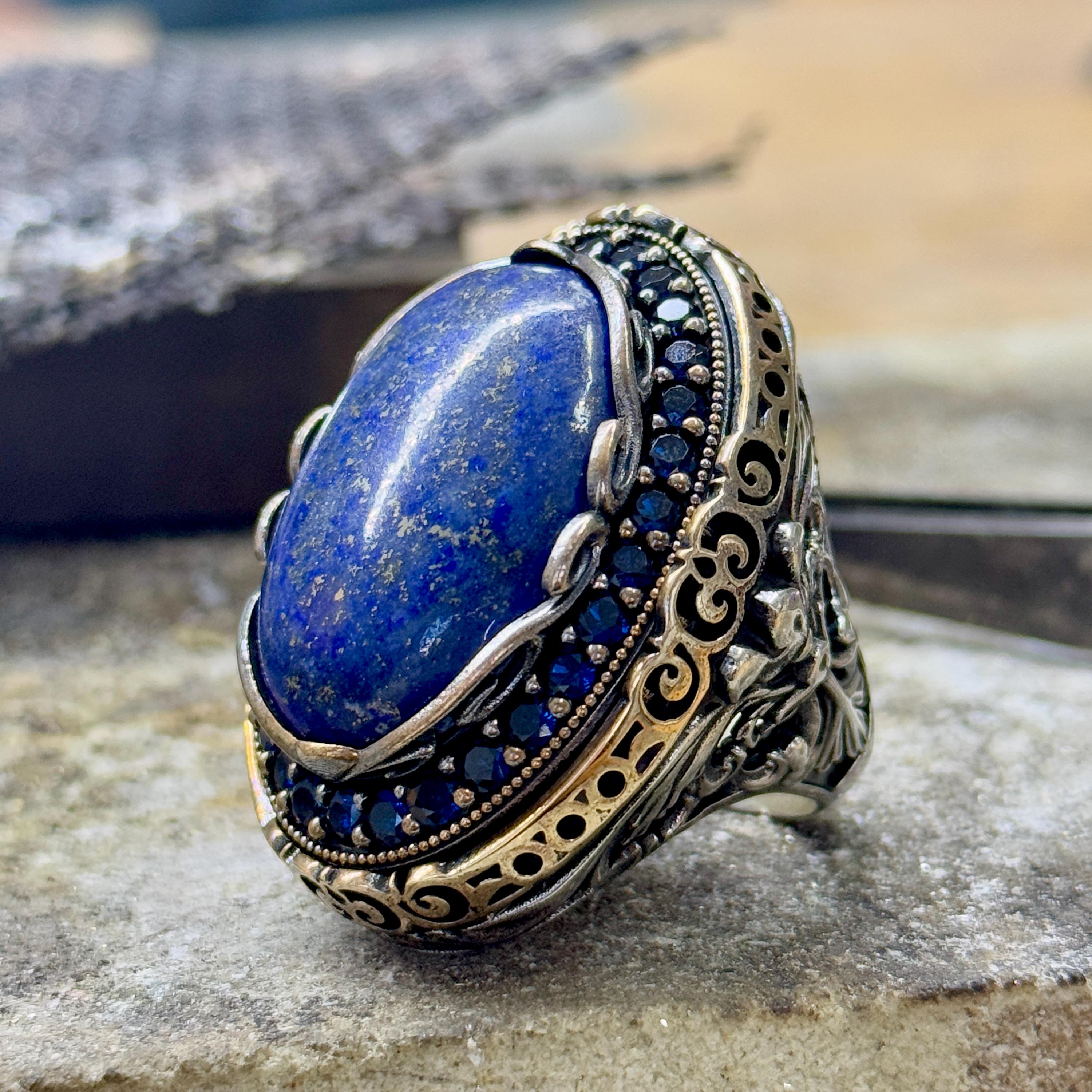 Silver Natural Lapis Lazuli Ring, Silver Sapphire Stone Men Ring