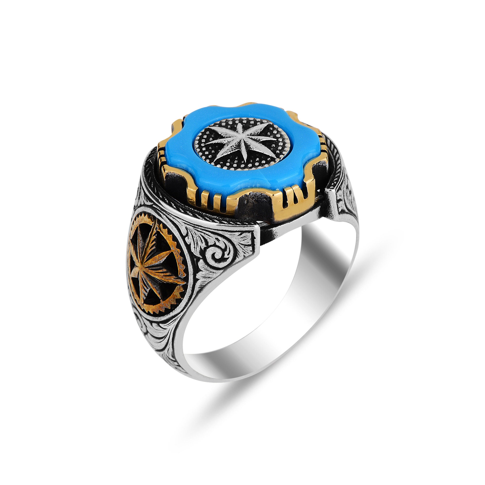 Men's Rings Leaf Pattern Men Handmade Turquoise Stone Ring , Blue Turquoise Ring , Leaf Pattern ...