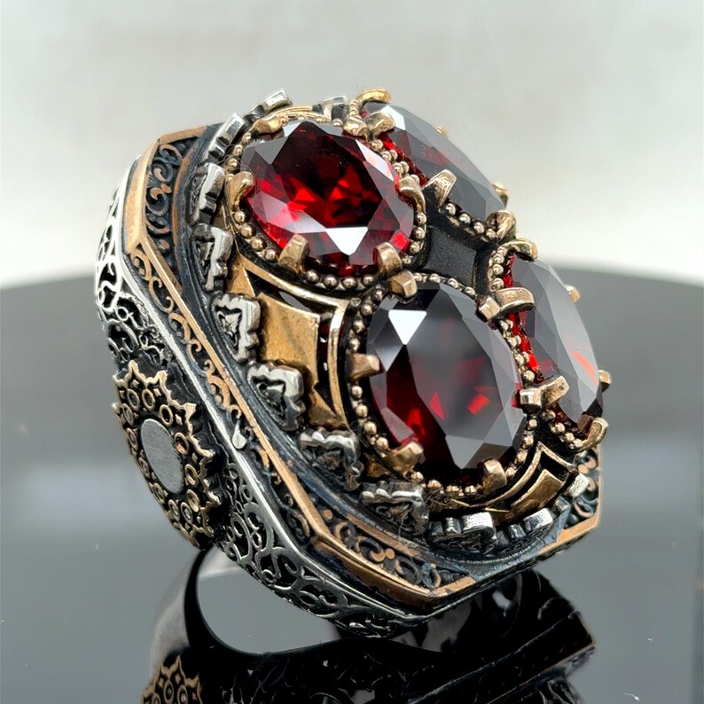 Men Silver Large Ruby Ring , Engraved Ottoman Silver Handmade Large Men ...