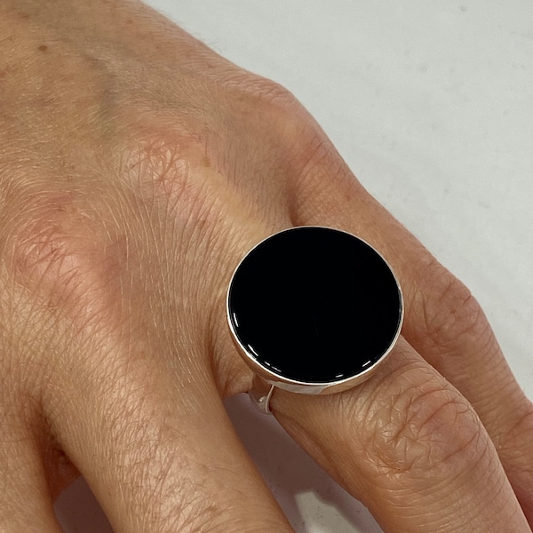 Zwarte Onyx Ring, Ronde Onyx Edelsteen Ring, Vrouwen Handgemaakte Onyx Ring, Platte Edelsteen Ring, 925k Sterling Zilveren Ring, Cadeau Voor Haar