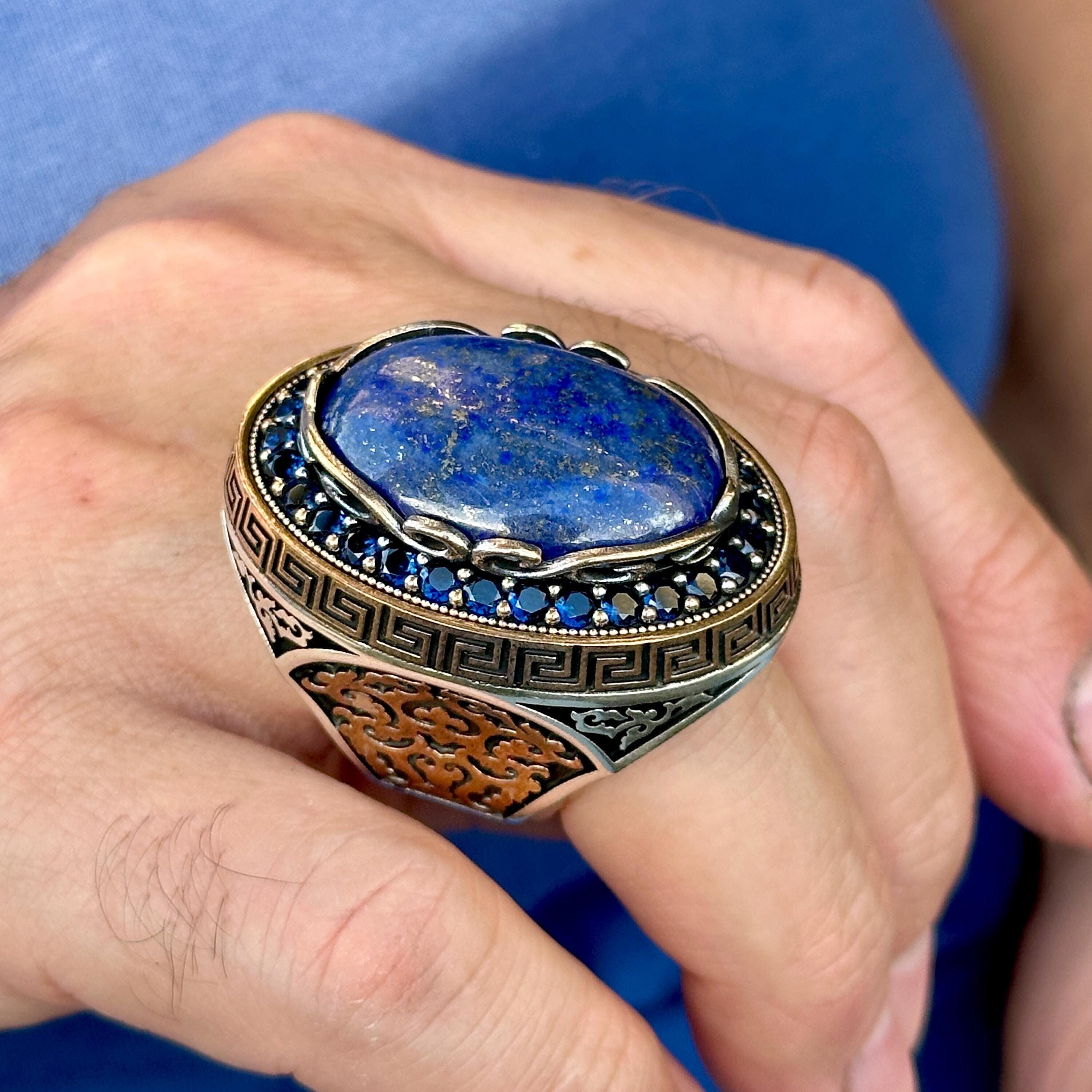 Men Silver Natural Lapis Lazuli Ring, Large Men Ring, Blue Lapis