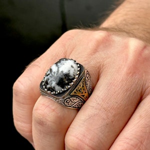 Turquoise Men Silver Ring , Ottoman Style Oval Turquoise Ring, White Turquoise Ring, Turkish Handmade Ring , 925k Sterling Silver Ring