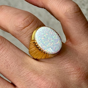 Gold Mens Silver Opal Ring, Men Gold Plated Opal Ring, Sterling Silver Handmade Opal Gemstone Ring, AAA Quality Opal Gem Ring, Gift For Men