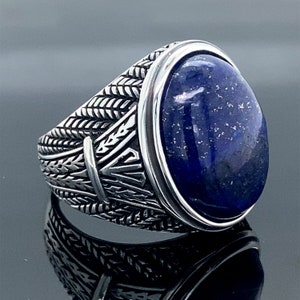 Silver Lapis Lazuli Ring , Blue Lapis Lazuli Signet Men&#39;s Ring, Turkısh Handmade Lapis Ring Ottoman Style Ring , 925k Sterling Silver Ring