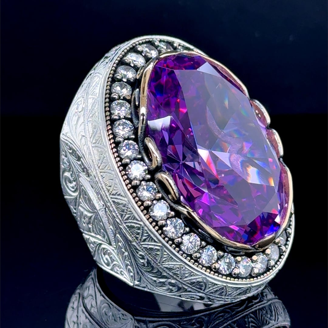 925 Sterling Silver Large Amethyst Ring, Mens Deep Purple Amethyst Ring ...