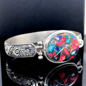 Silver Turquoise Cuff Bracelet, Multicolor Turquoise Gemstone Bangle, Vintage Engraved Cuff Bracelet, Boho Silver Bracelet, Perfect Gift