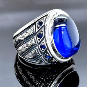 Men Silver Sapphire Ring, Vintage Engraved Blue Sapphire Ring, Sapphire Signet Ring, Unique Men Gift, Sapphire Wedding Ring,Gift For Men